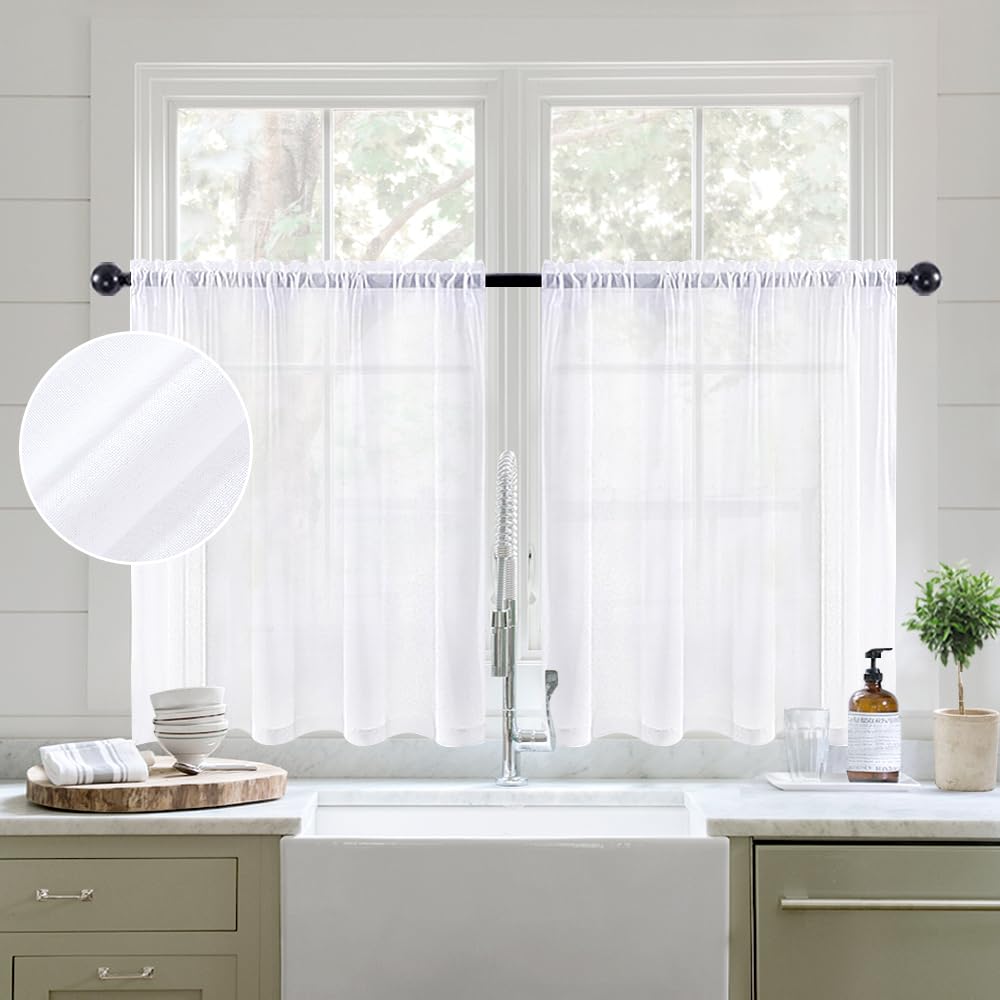 MIULEE White Sheer Kitchen Curtains 36 Inch Length Linen Textured Half Window Curtains for Bathroom Cafe, Rod Pocket Short Curtain Tiers Light Filtering Drapes 2 Panels 29 x 36 Inches Long